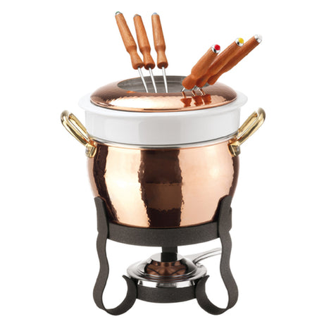 Paderno 15430-11 Fondue Set 10"H O.A. Includes: Lightly Hammered Copper Fondue Pot