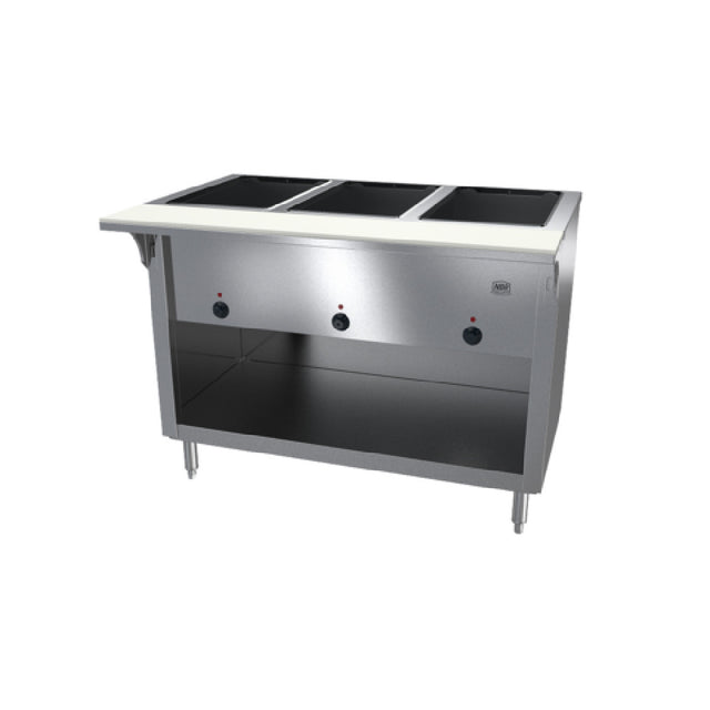 NBR Equipment HT-3SW-240B Hot Food Table Enclosed Open Storage Base Electric (3) 12" X 20" Seal Wells With Individual Drain Valves Individual Infinite Controls With Indicator Lights