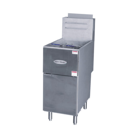 Serv-Ware SGF-50N - Serv-Ware - Gas Cooking - 50 LB Deep Fryer - Natural Gas - Dimensions: 15.5" W X 30.2" D X 46.5" H - Temperature Range: 200°F - 400°F - BTU/H: 30,000 Per Burner - # Of Burners: 4 - Gas Inlet: 1/2 In. - Gas Line: 3/4 - W.C. For Natural Gas: 4 In. - W.C. For LP: 10 In. - Easy Start Continuous Pilot