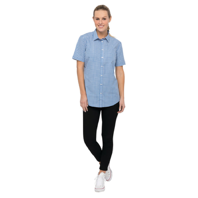 Chef Works SHC02WBLUM Women's Gingham Shirt Short Sleeves Contrast Fabric On Inner Sleeve Band