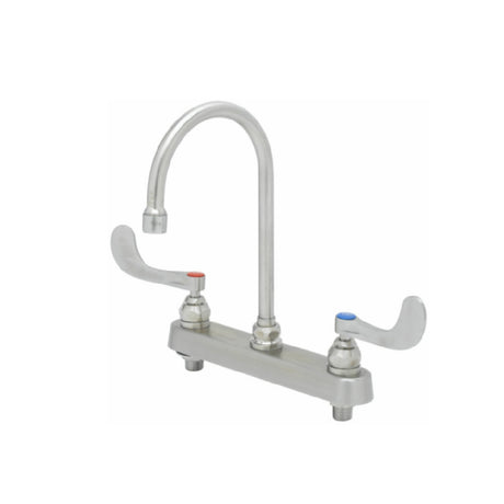 T&S Brass S-1142-04 EverSteel 8" Stainless Steel Deck Mount Workboard Faucet With Stainless Steel 4" Wrist Action Handles And Stainless Steel Swivel Gooseneck