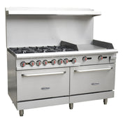 Serv-Ware SGR-6B-24G - Serv-Ware - Gas Cooking - 60" Gas Range With Six (6) Open Burners & 24" Griddle - Natural Gas - Dimensions: 60" W X 32.6" D X 60" H - Temperature Range: 250°F - 550°F - BTU/H: 30,000 Per Burner - # Of Burners: 6 - Gas Line: 3/4 - W.C. For Natural Gas: 4 In. - W.C. For LP: 10 In. - Materials: Stainless Steel Front