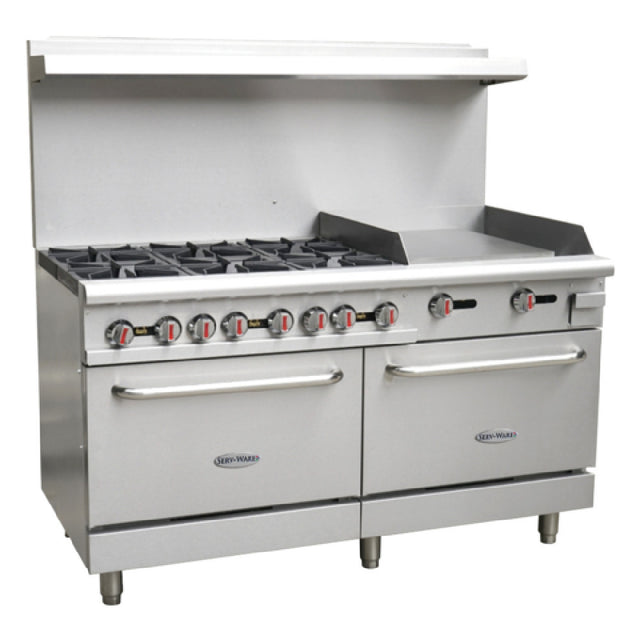 Serv-Ware SGR-6B-24G - Serv-Ware - Gas Cooking - 60" Gas Range With Six (6) Open Burners & 24" Griddle - Natural Gas - Dimensions: 60" W X 32.6" D X 60" H - Temperature Range: 250°F - 550°F - BTU/H: 30,000 Per Burner - # Of Burners: 6 - Gas Line: 3/4 - W.C. For Natural Gas: 4 In. - W.C. For LP: 10 In. - Materials: Stainless Steel Front