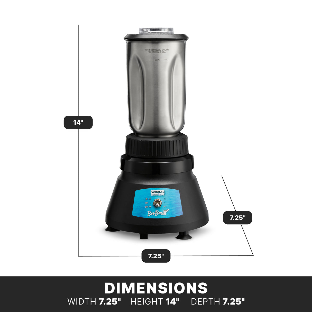 The Waring BB145S BevBasix Bar Blender features a 32 oz. stainless steel jar, 2-speed motor, black base with blue label and control knob, and measures 14H x 7.25W x 7.25D—ideal for commercial bar use.