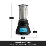 The Waring BB145S BevBasix Bar Blender features a 32 oz. stainless steel jar, 2-speed motor, black base with blue label and control knob, and measures 14H x 7.25W x 7.25D—ideal for commercial bar use.
