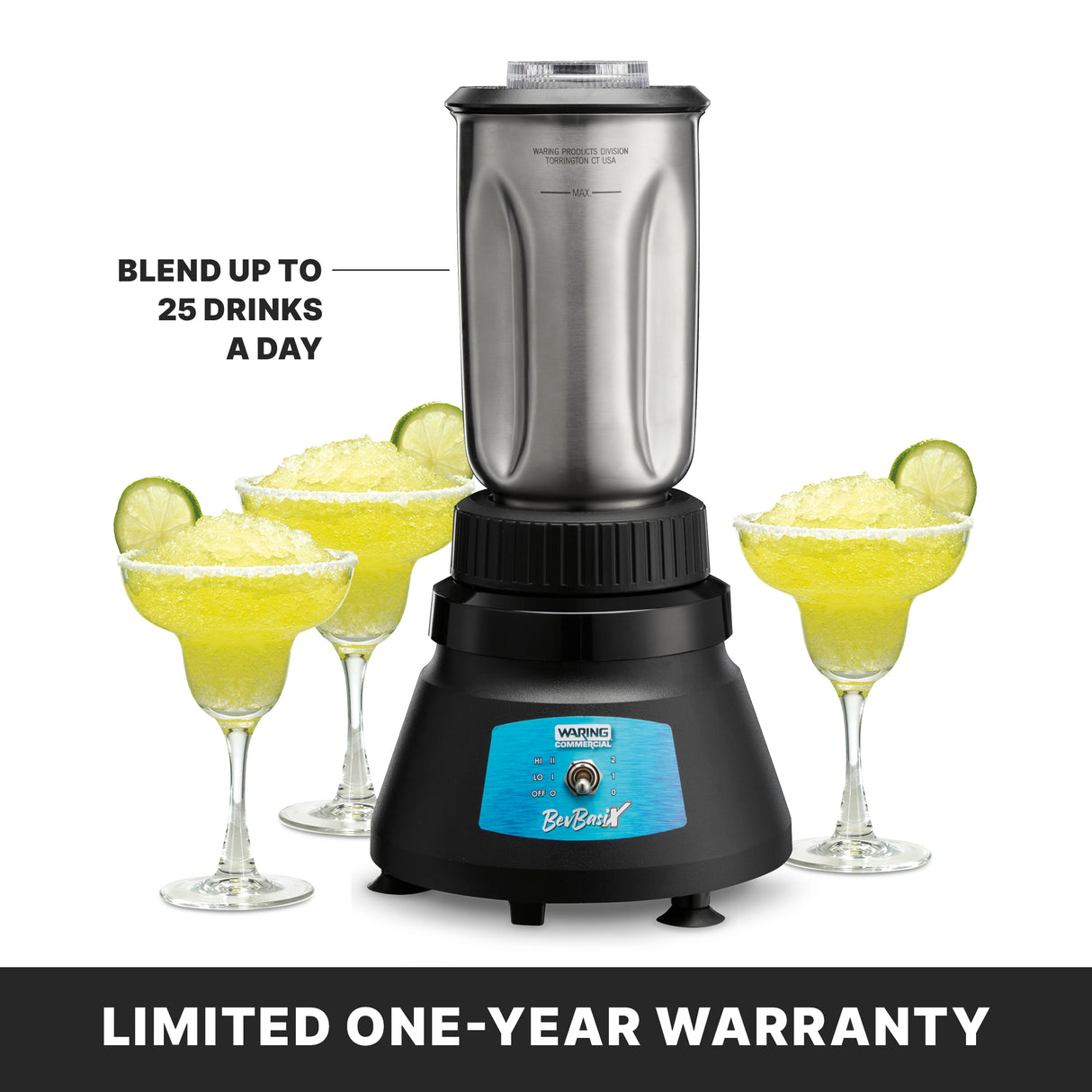 A Waring BB145S BevBasix Bar Blender (32 oz., 2-speed motor) with a silver jar is surrounded by four yellow frozen drinks with lime slices. Text: Blend up to 25 drinks daily. LIMITED ONE-YEAR WARRANTY.