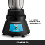 Close-up of the Waring BB145S BevBasix Bar Blender base, featuring a blue control panel and toggle switch. Text on image: ½ HP COMMERCIAL BAR BLENDER BASE UNIT WITH TOGGLE SWITCH. “FEATURES” appears at the bottom. 32 oz., 2-speed motor.