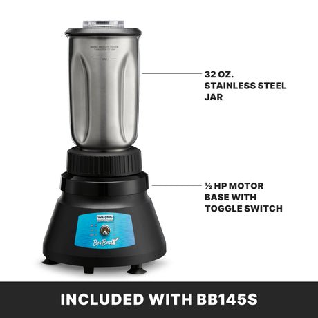 The Waring BB145S BevBasix Bar Blender features a 32 oz. stainless steel jar on a black base with a 2-speed motor. Highlights include the durable jar and powerful motor. Caption: Included with BB145S.