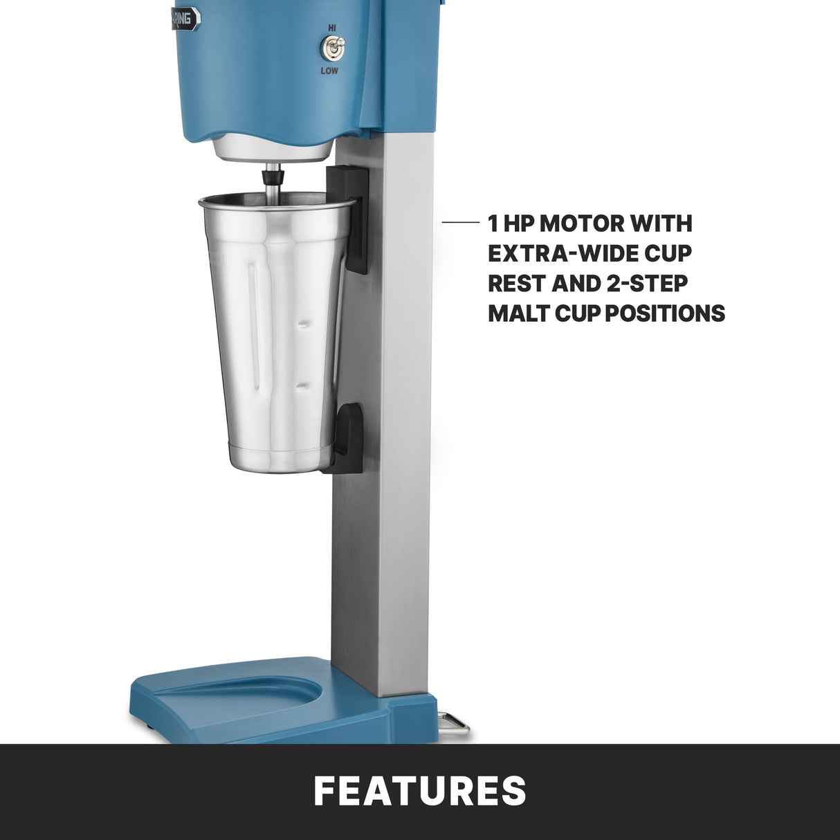 Waring WDM20 Light-Duty Single-Spindle Drink Mixer 9"W X 10-3/8"D X 22"H Manual (2) Speed Hi/low Toggle Switch - KitchenRestock.com