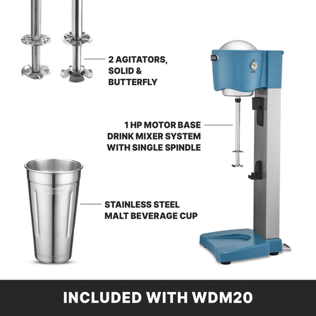 Waring WDM20 Light-Duty Single-Spindle Drink Mixer 9"W X 10-3/8"D X 22"H Manual (2) Speed Hi/low Toggle Switch - KitchenRestock.com