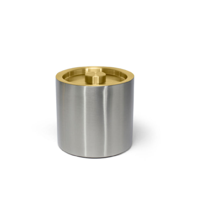 FOH RIB032BSS21 3qt Round Brushed Stainless Ice Bucket Silver With Matte Brass Lid
