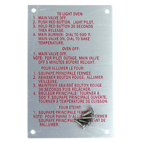 Blodgett 20326 Instruction Plate