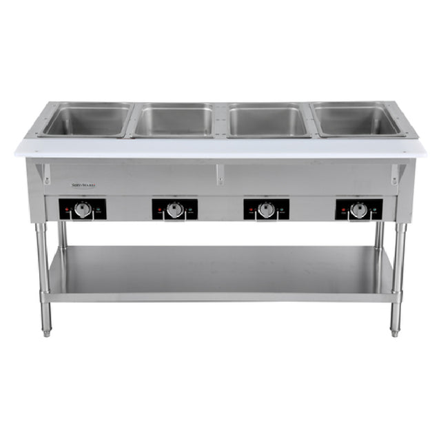 Serv-Ware EST4-1 - Serv-Ware - Electric Cooking - 4 Open Well Electric Steam Table - Dimensions: 58.2" W X 29.5" D X 33.5" H - Temperature Range: 120°F - 200°F - Amps: 17 - Voltage: 115 - Hz: 60 - Phase: 1 - Watts: 2000 - Materials: Stainless Steel Construction - Warranty: 1 Year - Parts