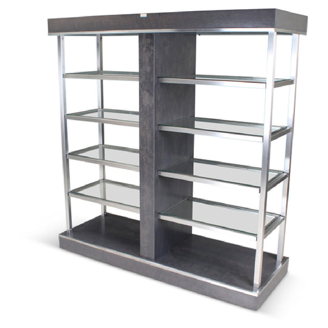 Forbes Industries 6586 Century Rolling Display (Elite) Dual Sided Access With Wood Veneer Exterior And 1.5” Brushed Stainless Steel Support Posts. Unit Has Eight Full Length Flush-mounted Glass Shelves