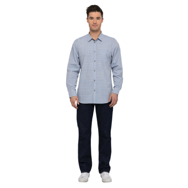 Chef Works SHC05-SBE-S Men's Gingham Shirt Long Sleeves Contrast Fabric On Inner Sleeve Band