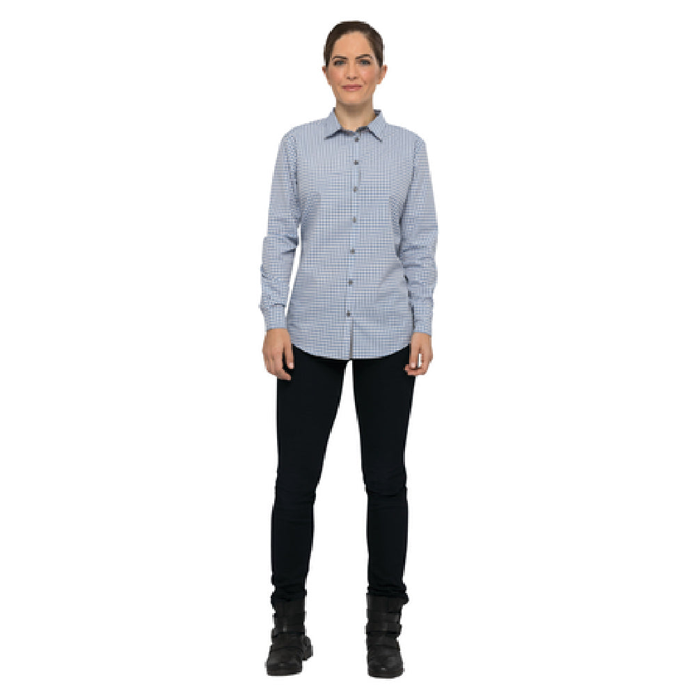 Chef Works SHC05W-SBE-L Women's Gingham Shirt Long Sleeves Contrast Fabric On Inner Sleeve Band