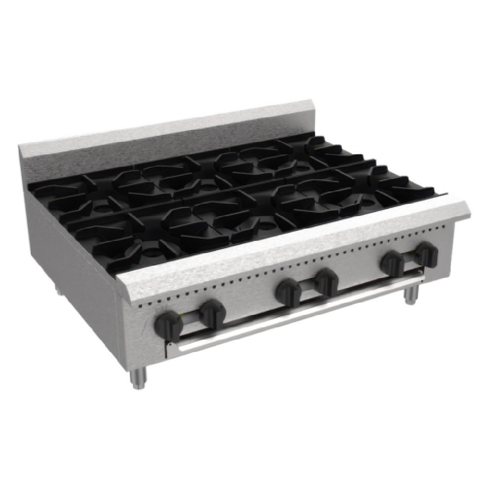 Serv-Ware SHPS-36-LP-SA - Serv-Ware - Gas Cooking - 36" Six (6) Burner Hot Plate - Liquid Propane - Dimensions: 36" W X 27.2" D X 11.28" H - BTU/H: 25,000 Per Burner - # Of Burners: 6 - Gas Line: 3/4 - W.C. For Natural Gas: 4 In. - W.C. For LP: 10 In. - Materials: Stainless Steel Construction With Heavy-duty Cast Iron Grates - Warranty: 1 Year
