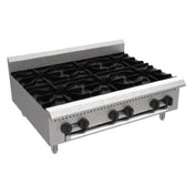 Serv-Ware SHPS-36-LP-SA - Serv-Ware - Gas Cooking - 36" Six (6) Burner Hot Plate - Liquid Propane - Dimensions: 36" W X 27.2" D X 11.28" H - BTU/H: 25,000 Per Burner - # Of Burners: 6 - Gas Line: 3/4 - W.C. For Natural Gas: 4 In. - W.C. For LP: 10 In. - Materials: Stainless Steel Construction With Heavy-duty Cast Iron Grates - Warranty: 1 Year