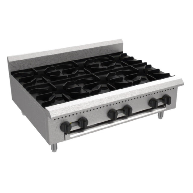 Serv-Ware SHPS-36-LP-SA - Serv-Ware - Gas Cooking - 36" Six (6) Burner Hot Plate - Liquid Propane - Dimensions: 36" W X 27.2" D X 11.28" H - BTU/H: 25,000 Per Burner - # Of Burners: 6 - Gas Line: 3/4 - W.C. For Natural Gas: 4 In. - W.C. For LP: 10 In. - Materials: Stainless Steel Construction With Heavy-duty Cast Iron Grates - Warranty: 1 Year