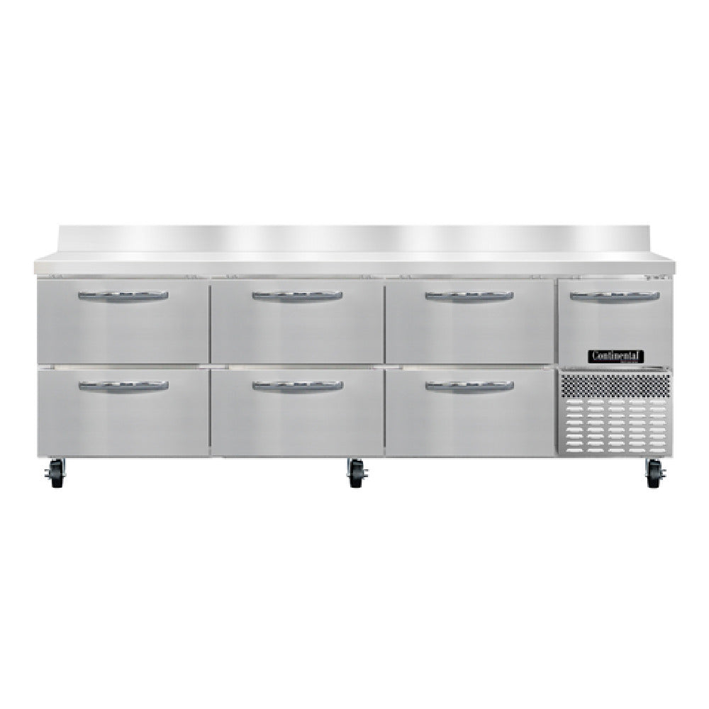 Continental Refrigerator RA93NBS-D Refrigerated Base Worktop Unit 93"W 300 Series Stainless Steel Work Top With 6"H Backsplash