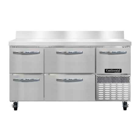 Continental Refrigerator RA60NBS-D Refrigerated Base Worktop Unit 60"W 300 Series Stainless Steel Work Top With 5-1/2"H Backsplash