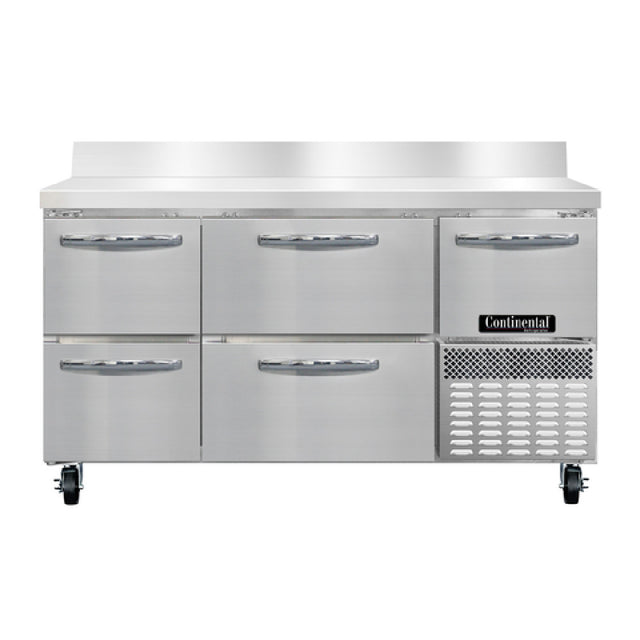 Continental Refrigerator RA60NBS-D Refrigerated Base Worktop Unit 60"W 300 Series Stainless Steel Work Top With 5-1/2"H Backsplash