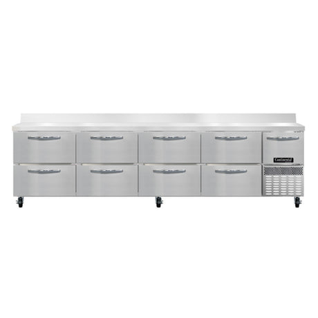 Continental Refrigerator RA118NBS-D Refrigerated Base Worktop Unit 118"W 300 Series Stainless Steel Work Top With 6"H Backsplash