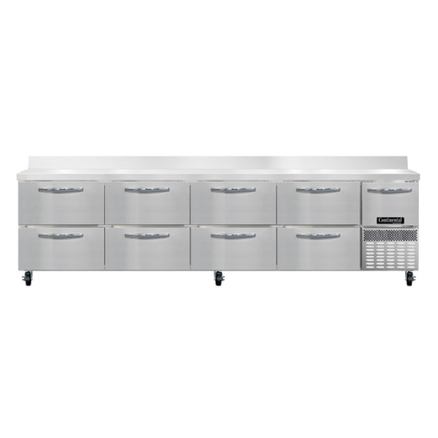 Continental Refrigerator RA118NBS-D Refrigerated Base Worktop Unit 118"W 300 Series Stainless Steel Work Top With 6"H Backsplash