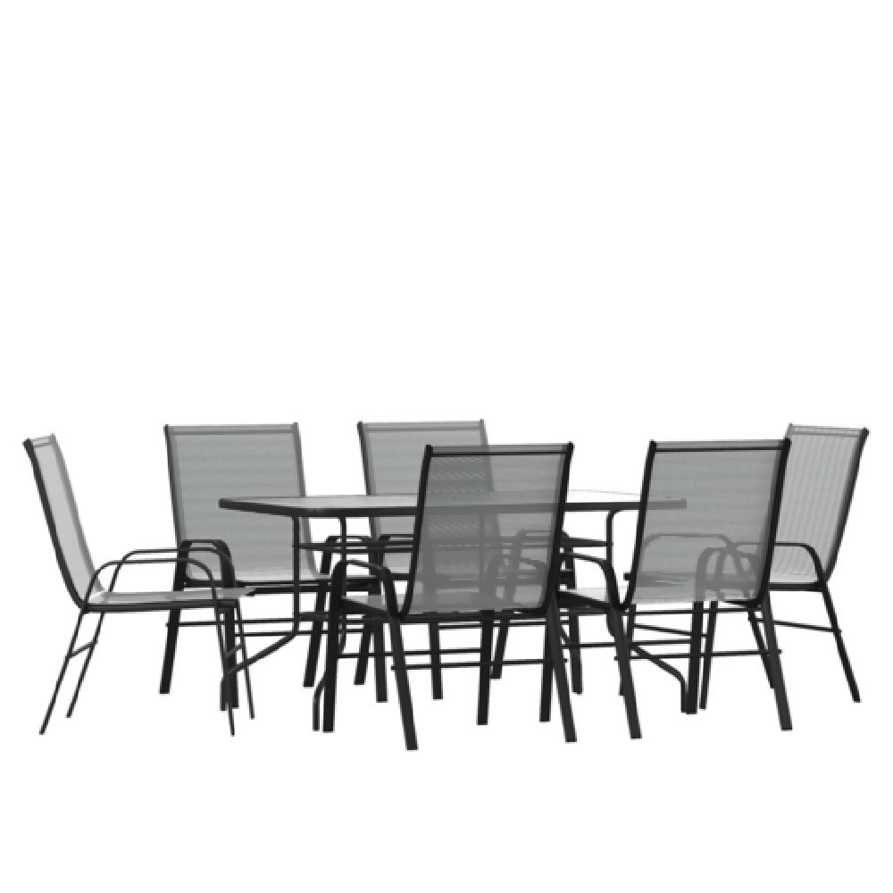 Flash Furniture TLH-089REC-303CGY6-GG Brazos 7 Piece Outdoor Patio Dining Set 55" Tempered Glass Patio Table With Umbrella Hole