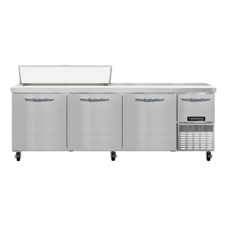 Continental Refrigerator RA93N12 Refrigerated Base Sandwich Unit 93"W 300 Series Stainless Steel Top With (12) 1/6 Size X 4" Deep Pans