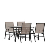 Flash Furniture TLH-089REC-303CBN4-GG Brazos 5 Piece Outdoor Patio Dining Set 55" Tempered Glass Patio Table With Umbrella Hole