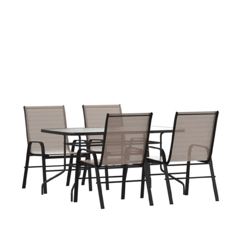 Flash Furniture TLH-089REC-303CBN4-GG Brazos 5 Piece Outdoor Patio Dining Set 55" Tempered Glass Patio Table With Umbrella Hole