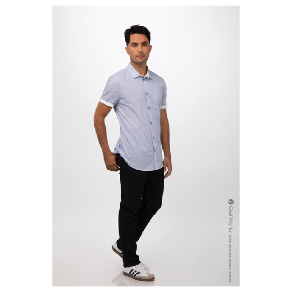 Chef Works SHC07-BLU-M Men's Charleston Shirt Short Sleeves Contrast Fabric On Inner Sleeve Band & Inner Collar Band