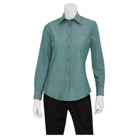 Chef Works SLWCH002GRMS Women's Chambray Dress Shirt Roll-up Long Sleeves With Button Tab