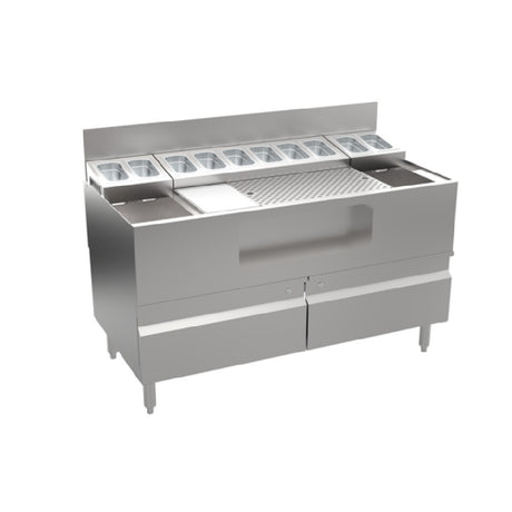 Krowne AL24-LAB48-C Alchemy Series “The Forty-Eight Lab” Is An Innovative Mise-en-place Station With A Generous 28” Wide Perforated Cocktail Prep Area And An Integrated Garnish Station Above A Fully Insulated Horizontal Well. Also Includes (2) A