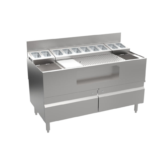 Krowne AL24-LAB48-C Alchemy Series “The Forty-Eight Lab” Is An Innovative Mise-en-place Station With A Generous 28” Wide Perforated Cocktail Prep Area And An Integrated Garnish Station Above A Fully Insulated Horizontal Well. Also Includes (2) A