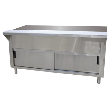 Advance Tabco STU-2-DR Solid Top Table 31-13/16"W X 30-5/8"D X 34-3/8"H 20 Gauge 302 Stainless Steel Top With 8"D X 3/8" Thick Poly Cutting Board