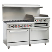 Serv-Ware SGR-6B-24RG - Serv-Ware - Gas Cooking - 60" Gas Range With Six (6) Open Burners & 24" Raised Griddle/Broiler - Natural Gas - Dimensions: 60" W X 32.6" D X 60.4" H - Temperature Range: 250°F - 550°F - BTU/H: 30,000 Per Burner - # Of Burners: 6 - Gas Line: 3/4 - W.C. For Natural Gas: 4 In. - W.C. For LP: 10 In. - Materials: Stainless Steel Front