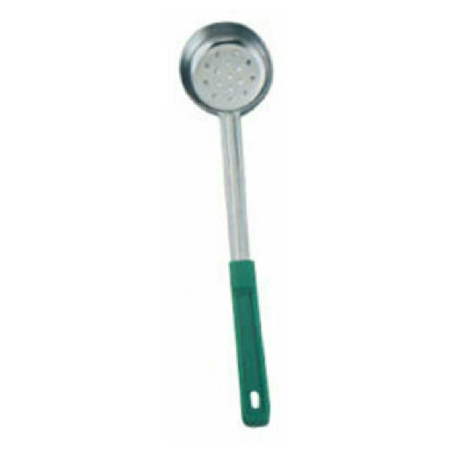 Omcan 80784 4 Oz. One-Piece Stainless Steel Perforated Portion Control Spoon With Green Handle