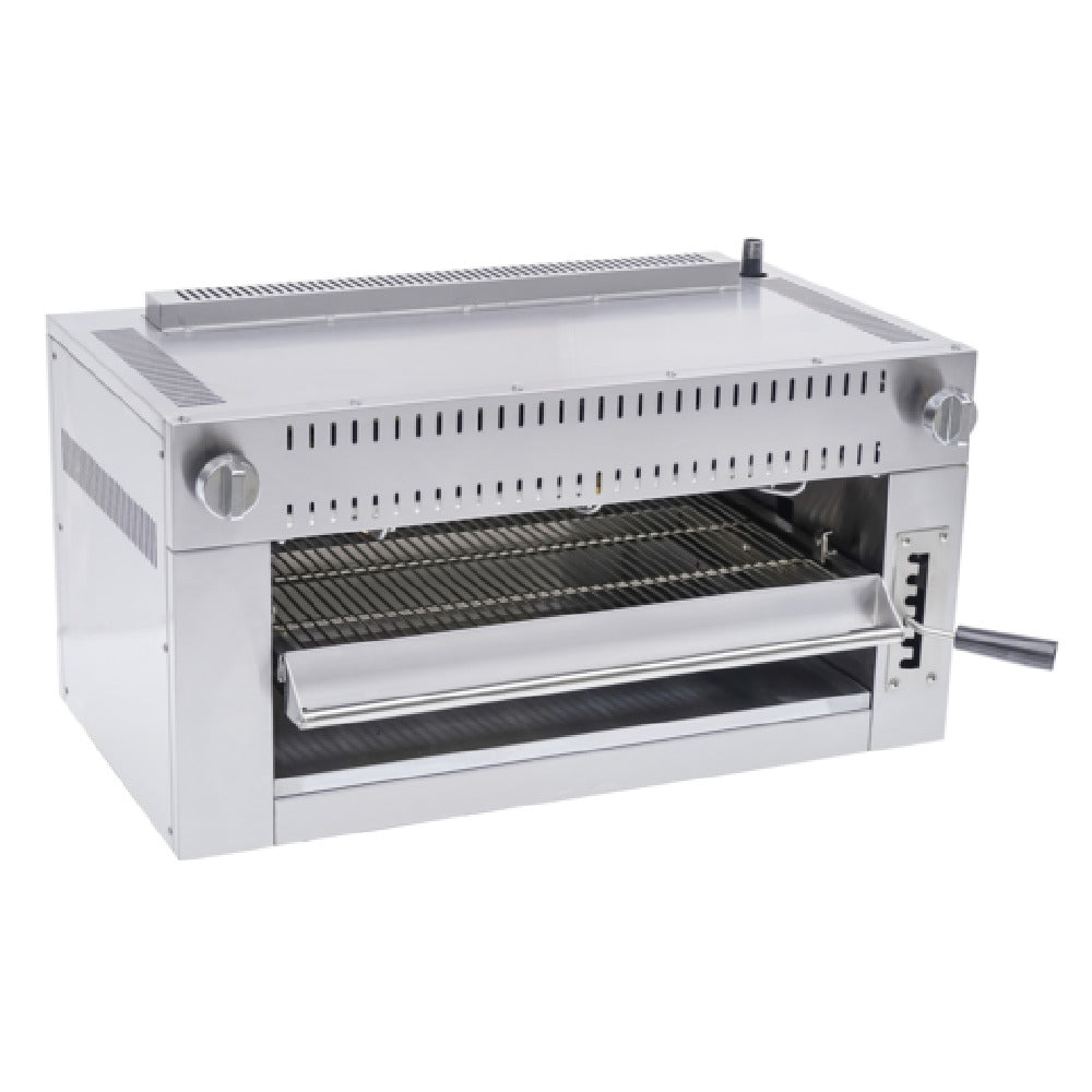 Serv-Ware SGSB-36 - Serv-Ware - Gas Cooking - 36" Salamander Broiler - Natural Gas - Dimensions: 36" W X 19" D X 16.5" H - BTU/H: 48000 - Gas Line: 3/4 - W.C. For Natural Gas: 4 In. - W.C. For LP: 10 In. - Materials: Stainless Steel Construction With A Stainless Steel Crumb Pan And Infrared Burners