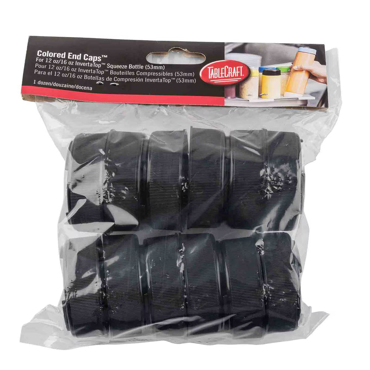 Tablecraft 53FCAPBK Invertatop™ End Cap Fits All 53mm Squeeze Bottles Dishwasher Safe Pack of 12