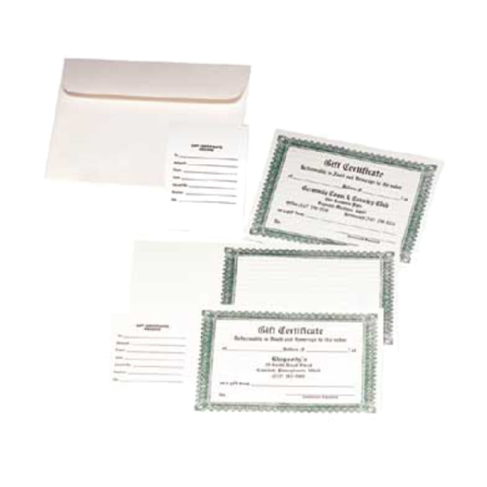Menu Solutions GC055 Gift Certificate With Receipt Stub Repeated Knife And Fork Design Printed On White Textured Paper (100 Per Pack Minimum Order 5 Packs)