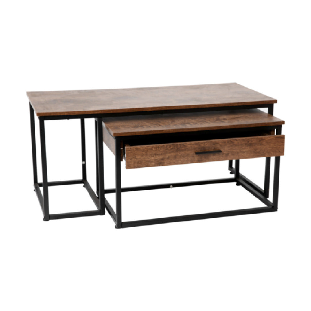 Flash Furniture NAN-JH-17145-GG Emerson 2 Piece Modern Nesting Coffee Table Set With Storage Drawer In Walnut Finish With Black Sled Base Metal Frames