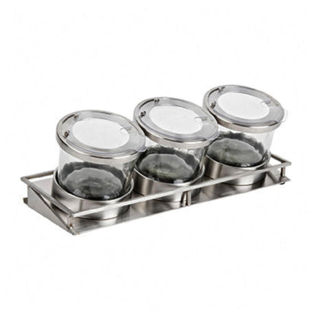 Cal Mil 1850-4-55NL Cold Condiment Display 13-1/2"W X 5"D X 4-3/4"H (3) 16 Oz. Round Glass Jars With Silicone Lined Stainless Steel Notched Lids