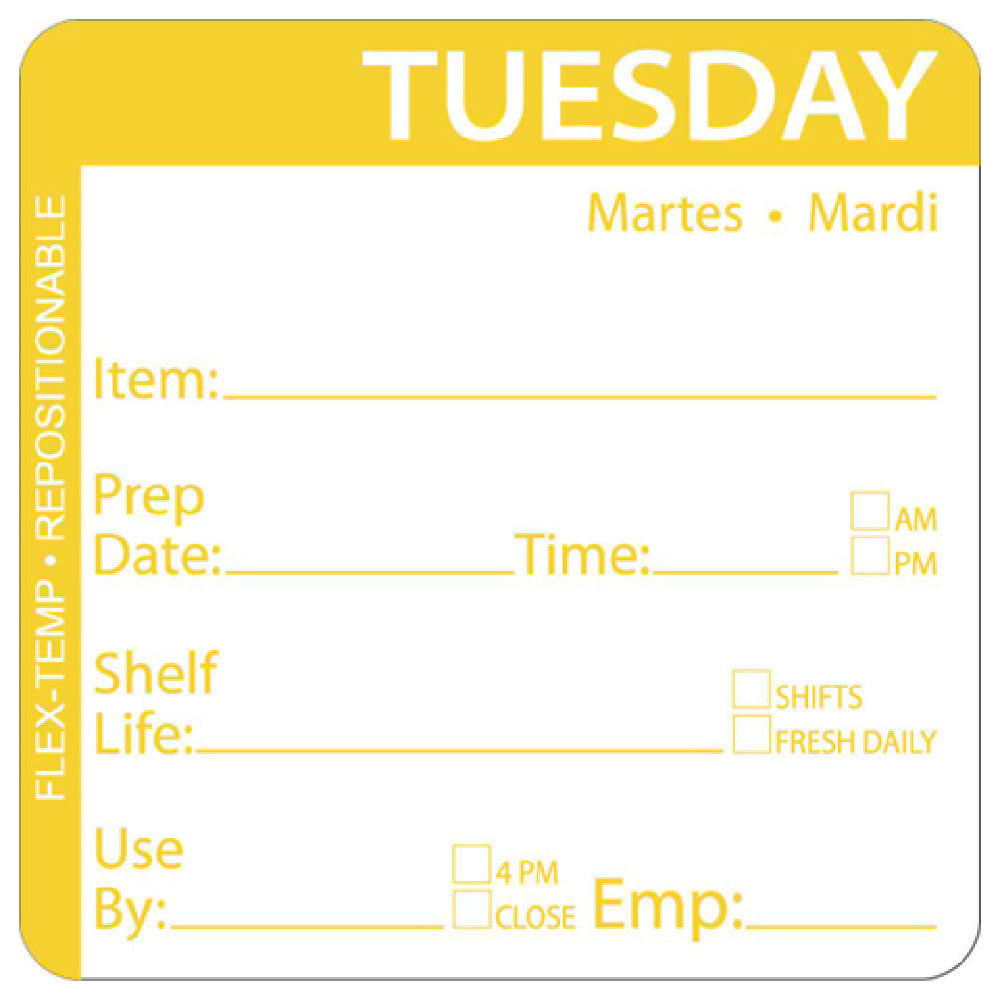 Hubert 53835 - Flex-Temp Food Rotation Label, "Tuesday", 2" X 2"