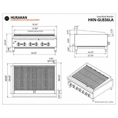 Hurakan By Equip.me HKN-GLB36LA - Hurakan Countertop Lava Rock Broiler, Natural Gas