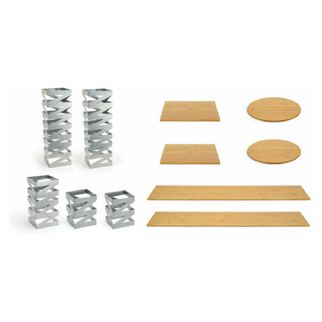 FOH BST018MUM28 Buffet Essentials Zig Zag Natural Bamboo On Silver Includes One BRI006BCI28 Zig Zag Risers Set Of 3 Silver