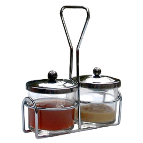 Town 19826 Condiment Server Set Includes: (2) 8 Oz. Glass Jars (2) Stainless Steel Jar Covers & Chrome Plated Rack