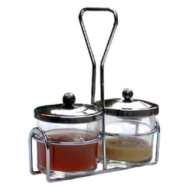 Town 19826 Condiment Server Set Includes: (2) 8 Oz. Glass Jars (2) Stainless Steel Jar Covers & Chrome Plated Rack