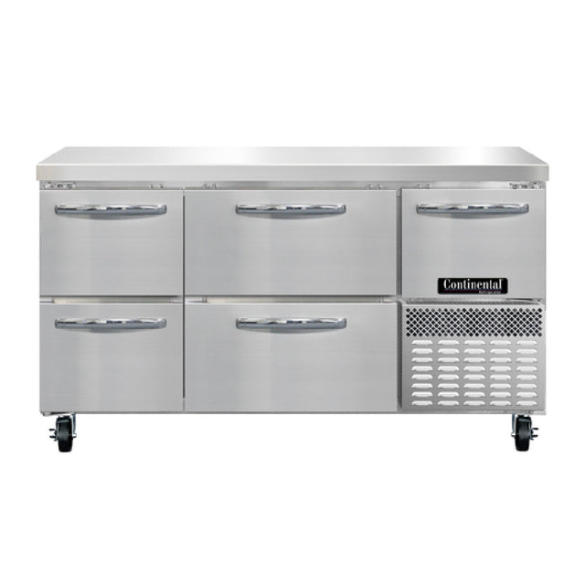 Continental Refrigerator RA60N-D Refrigerated Base Worktop Unit 60"W 300 Series Stainless Steel Flat Work Top